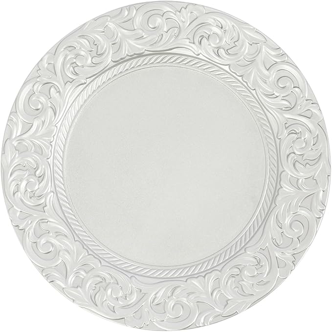 150 Pcs 13 Inch Silver Charger Plates, Bulk PP Wedding Chargers with Floral Reef Design Decorative Round Ruffled Rim Dinner Plates for Wedding Party Event Table Setting Decoration