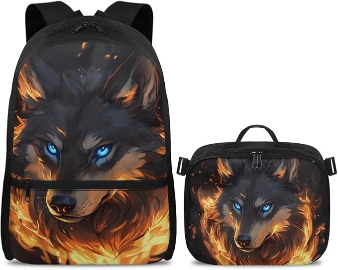 Flame Wolf Backpack with Lunch Box Leakproof 17 Inch Polyester Book Bag for Teens Cool School Bag with Detachable Lunch Bag for Outdoor Camping