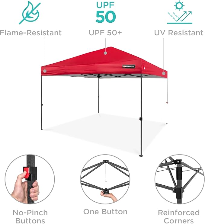 Best Choice Products 12x12ft Pop Up Canopy Tent, Outdoor Shade, 1 Person 1 Minute Set Up, Carry Case, 4 Weight Bags - Red