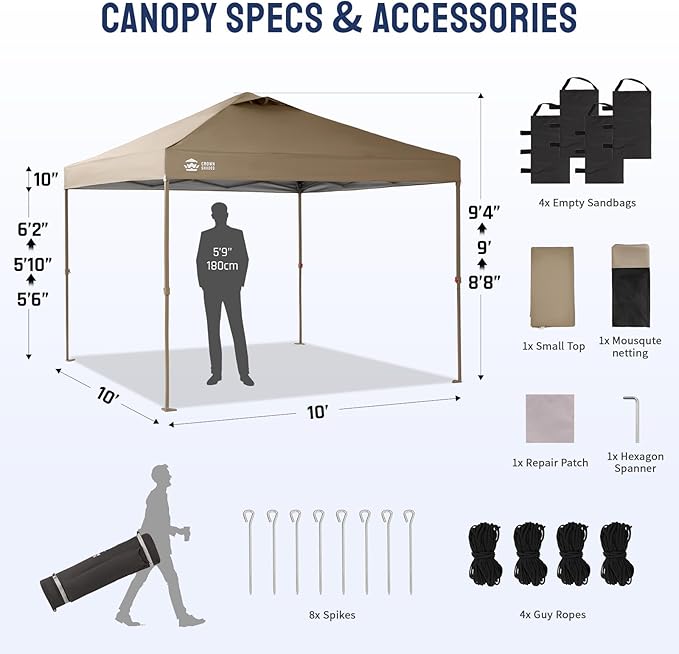 CROWN SHADES Gazebo 10x10 Pop Up Canopy with Mosquito Netting, Screen Tent with 4 Ropes, 8 Stakes, 4 Sandbags and Wheeled Storage Bag, Canopy for Patio & Backyard Parties,Camping&Events -(Beige)
