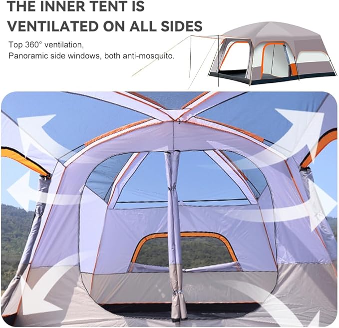Luxury Tent Room for Camping 4-12 Person Waterproof Large Family Tent with 2 Bedroom and 1 Living Room Design