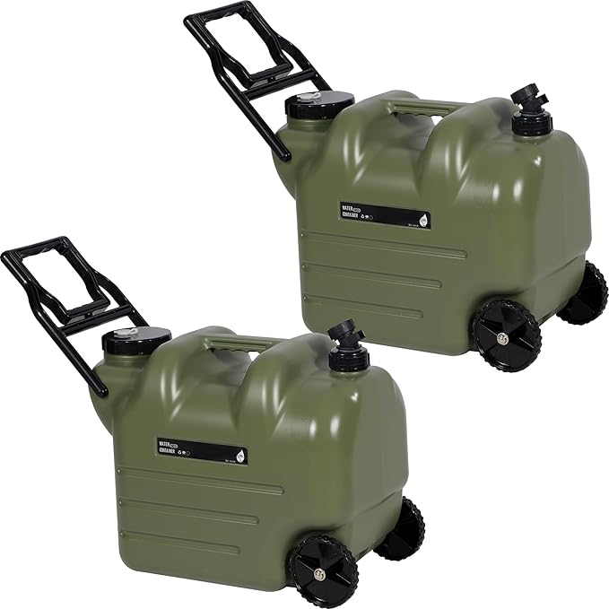 REDCAMP 7.4 Gal Water Container with Wheels & Spigot | Portable Rolling Emergency Camping Water Jug with Folding Handle | BPA Free Food Grade Water Storage Tank for Camping, 2 Pack(28L, Green)