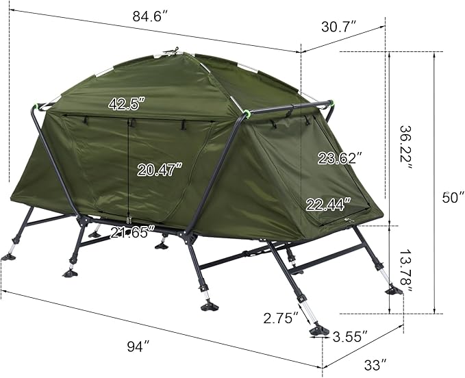 Generic Spacious 84.6 * 34.5 * 49.2in Collapsible Camping Tent with Integrated Cot - Portable, Waterproof, and Durable - Ideal for Camping & Hiking - Army Green
