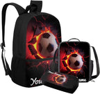 Rnyleeg Personalized Soccer Backpack for Boys Cool Kids Bookbag with Lunchbox Custom Your Name School Bag Set 3 Pcs for Primary School Casual Hiking Packsack