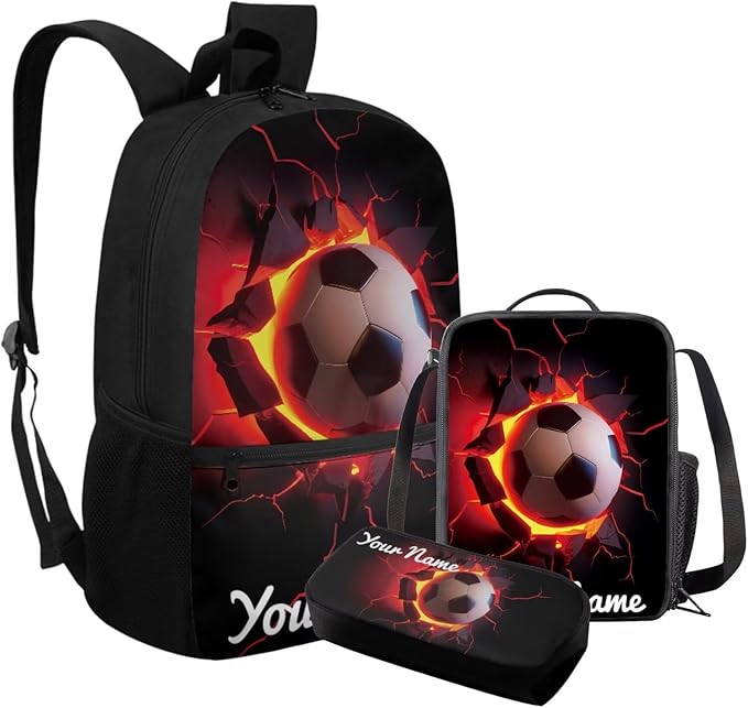 Rnyleeg Personalized Soccer Backpack for Boys Cool Kids Bookbag with Lunchbox Custom Your Name School Bag Set 3 Pcs for Primary School Casual Hiking Packsack