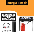 2 Burner Propane Gas Stove, 150,000 BTU Outdoor Camping Cooker with Removable Legs, 0–20 PSI Regulator & Hose, Heavy-Duty Cast Iron Double Burner for BBQ, Frying, and Boiling