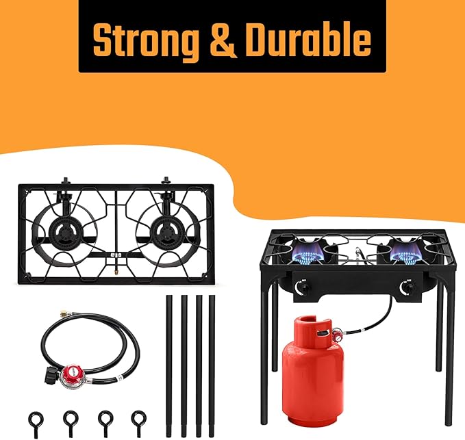 2 Burner Propane Gas Stove, 150,000 BTU Outdoor Camping Cooker with Removable Legs, 0–20 PSI Regulator & Hose, Heavy-Duty Cast Iron Double Burner for BBQ, Frying, and Boiling