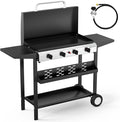 Bonnlo 40000BTU Propane Griddle with Lid and Ignition, Standing Flat Top Gas Grill with Storage Shelf and Portable Rolling Wheels, 4 Burner Camping Cooker for Patio Backyard Outdoor Cooking BBQ