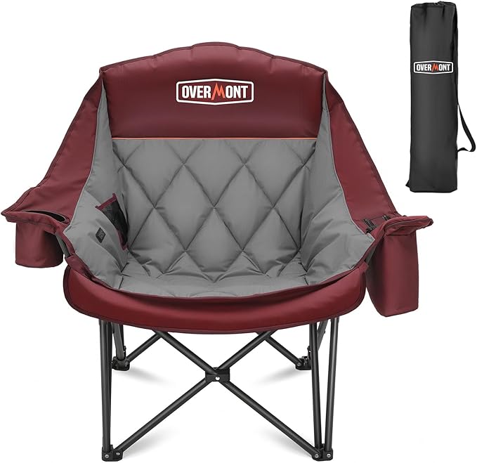 Overmont Oversized Camping Chair for Adults - 400lbs Support Heavy Duty Padded Folding Chair with Cooling Bag Cup Holder Side Pocket Carry Bag - Comfortable Portable for Outdoor Garden Sports Beach