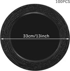 100 PCS Antique Charger Plates Bulk, 13'' Plastic Embossed Dinner Plate Chargers Round Floral Plates for Wedding Decorative Chargers for Table Dinner Kitchen Party Decoration (black)
