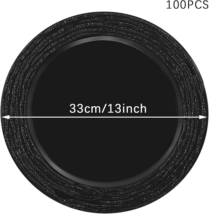 100 PCS Antique Charger Plates Bulk, 13'' Plastic Embossed Dinner Plate Chargers Round Floral Plates for Wedding Decorative Chargers for Table Dinner Kitchen Party Decoration (black)