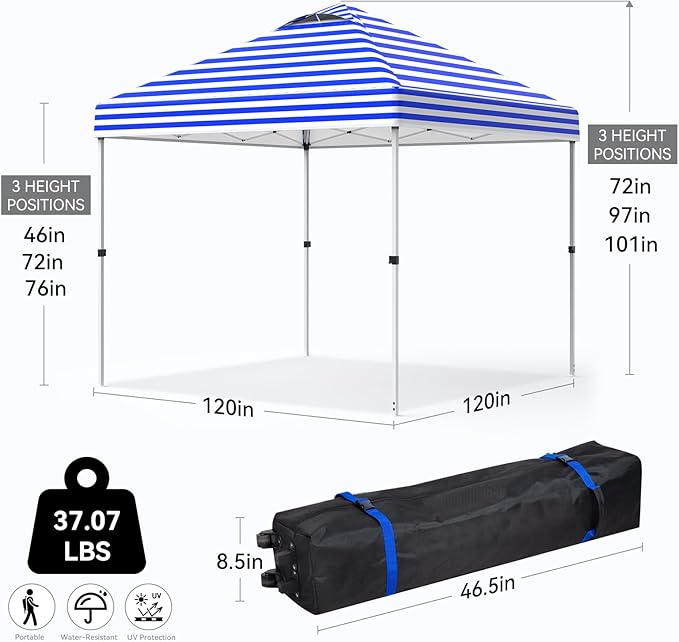 Nazhura 10' x 10' Pop Up Canopy with Sand Weight Bag, Awing for Patio, Freestanding Sun Shelter for Picnic and Camping, One Person Setup, White (Blue Stripe)