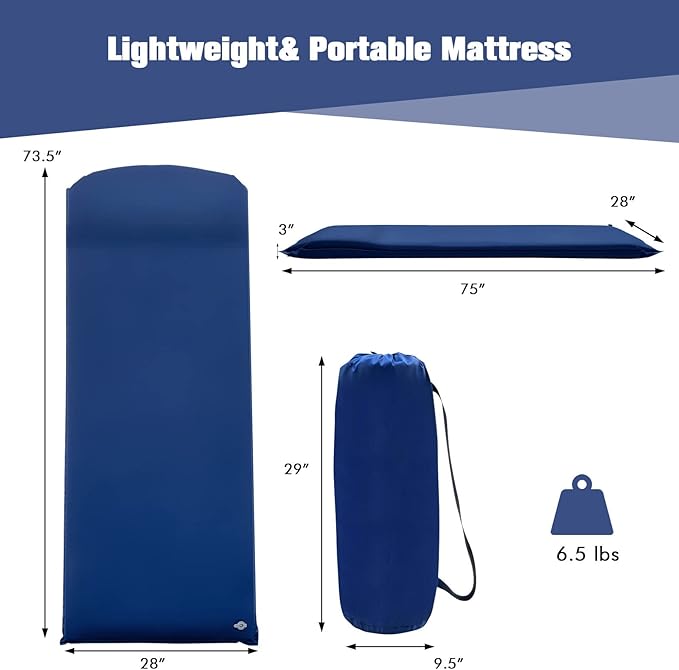 Tangkula Self Inflating Sleeping Pad, 3 Inch Inflatable Camping Mattress Pad with 9.5R Value, Insulated Foam Camping Mat with Pillow, Lightweight Camp Sleep Pad for Backpacking, Car, Tent