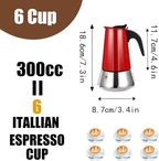 6 Cup Stovetop Espresso Maker Stainless Steel Moka Pot Stove Top Percolator Italian Coffee Makers Capable Mocha Greca Machine Cafe Classic Induction Cookers for Home and Camping 300ml 10oz