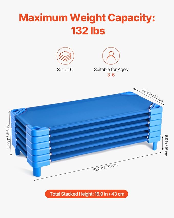 VEVOR Stackable Kiddie Cot, 6 Pack Portable Toddler Nap Cots, Standard Size 52" L x 23" W Daycare Cots for Kids, Preschool Classroom Daycare Beds for Sleeping, Resting, Naptime, Blue