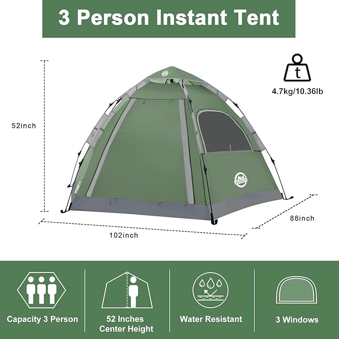 ADSMART Instant Tents for Camping 2/3/4/5 Person Tent Waterproof Easy Setup Sets Up Backpacking Tents with Carry Bag for Outdoor Hiking