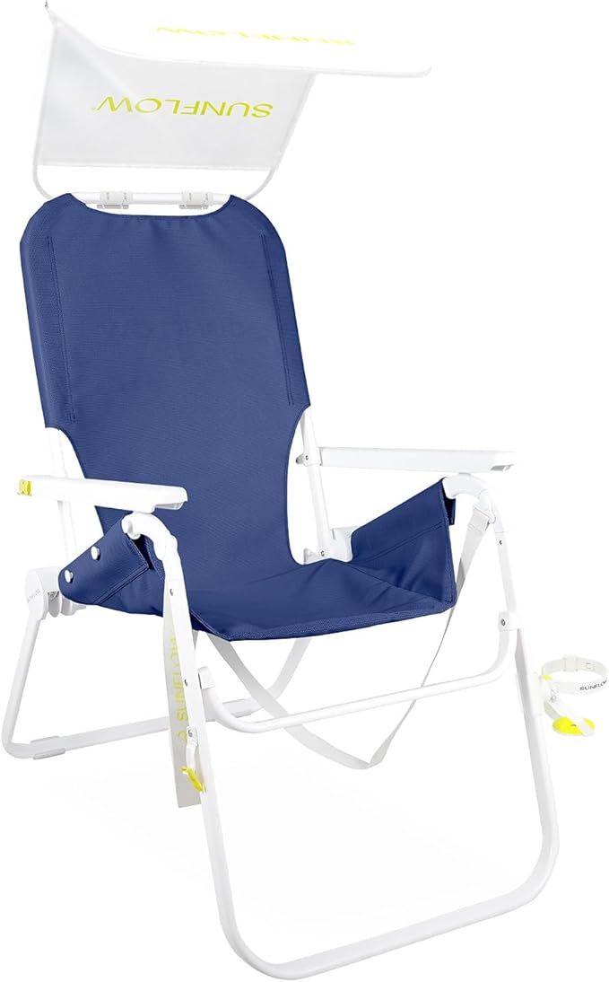 SUNFLOW The Tall Sand Dune Premium Beach Chair, Portable, Rust-Resistant, Adjustable Reclining Lounger with UPF 50+ Sun Shade and Drink Holder for The Ultimate in Comfort -Ocean Navy