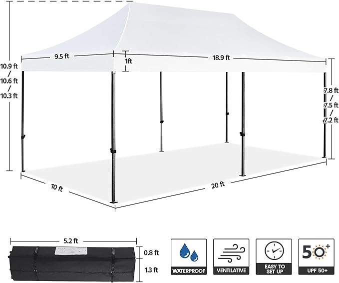 Yaheetech Heavy Duty Pop Up Canopy Tent, 10x20 Commercial Instant Shelter Tent for Wedding, Parties, Adjustable Outdoor Canopy with Wheeled Carry Bag, 6 Sandbags & 10 Stakes, White