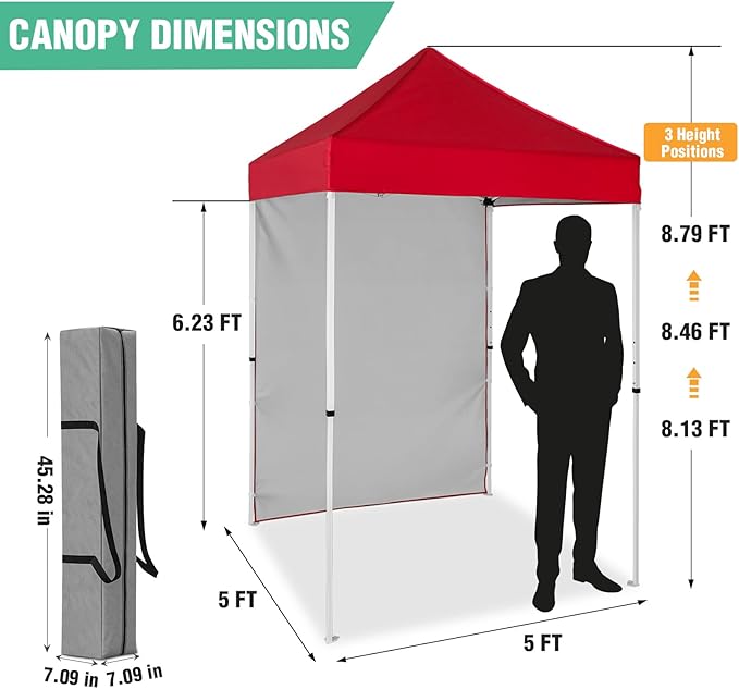 5x5 Pop Up Canopy Tent with One Sidewall, Instant Portable Beach Canopy, Outdoor Tent with Carry Bag for Camping, Sports, Tailgating, Events, Red