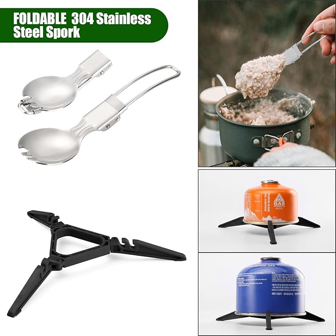 Odoland 8pcs Camping Cookware Mess Kit, Camping Pot and Pan Set with Mini Backpacking Stove, Stainless Steel Cup, Spork and Tank Bracket, Cooking Gear for Outdoor, Hiking, Picnic, Campfire