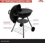 Megamaster 22" Heavy Duty Charcoal Barbecue Grill with Adjustable Air Vent, 354 SQ. In Cooking Area, Storage Rack, 2 Wheeled Portable Grill for Camping, Outdoor Cooking, and More - 810-23002