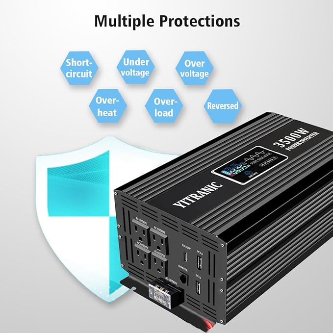 3500W Pure Sine Wave Inverter DC 12V to AC 120V, with Wireless LCD Remote Control, Hardwire Port, Fast USB, 30W Type-C for RV, Truck, Home, Camping, Upgraded from 3000 Watt Inverter