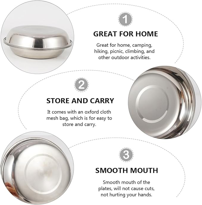 Portable Camping Tableware Stainless Steel Plates Bowls for Hiking Picnic Outdoor Use with Mesh Bag for Easy Cleaning and Drying