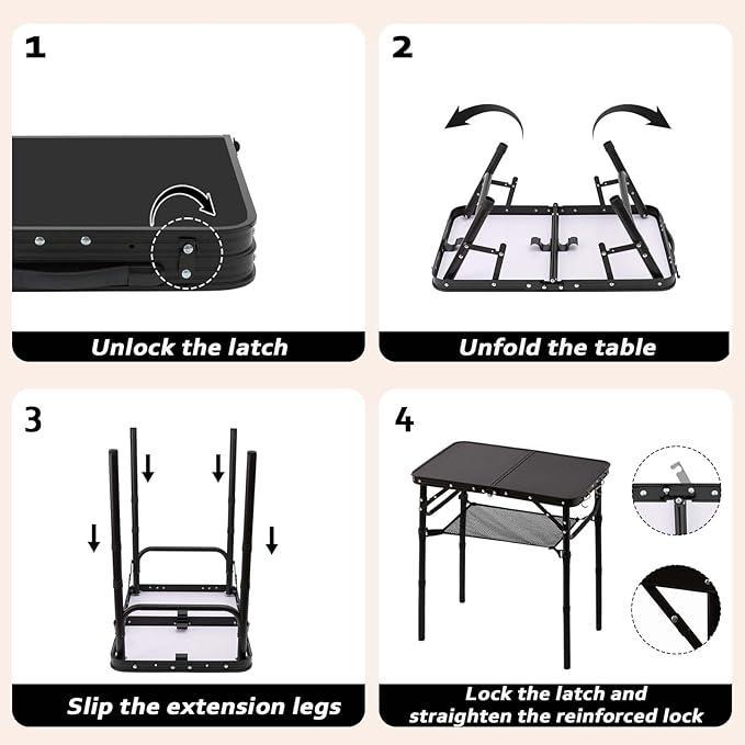 Folding Picnic Table with Storage Net, Matte Black Aluminum Folding Table 23.6" x 15.8", Adjustable Height Max 27.5", Lightweight Portable for Camping Travel Grill Indoor