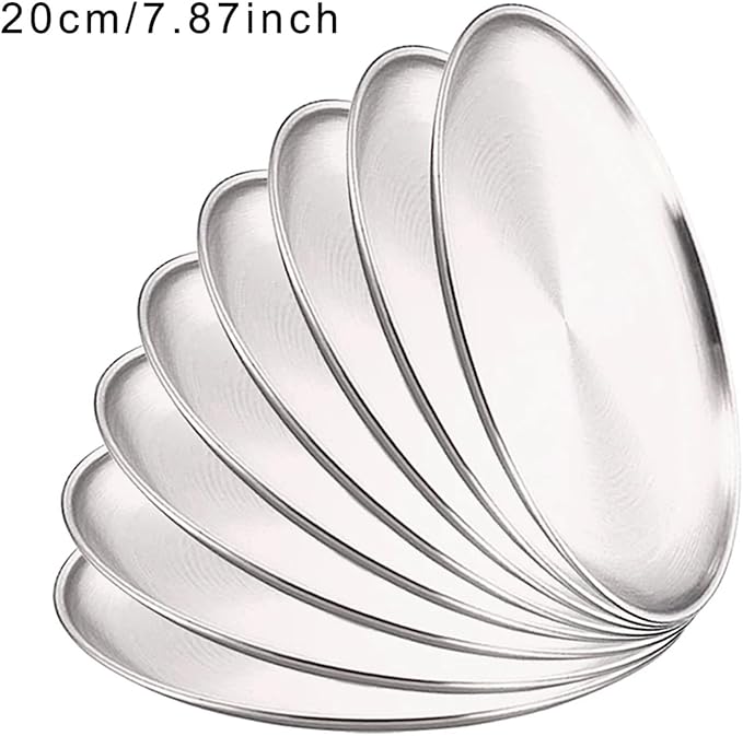 Stainless Steel Plates 8Pcs Metal Dining Dish Stainless Steel Round Plate Shallow Tray BBQ Picnic Camping Food Container Tableware Set(20cm Silver)
