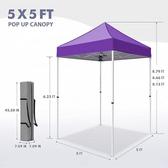 5x5 Pop Up Canopy Tent, Instant Portable Beach Canopy, Outdoor Tent with Carry Bag for Camping, Sports, Tailgating, Events, Purple