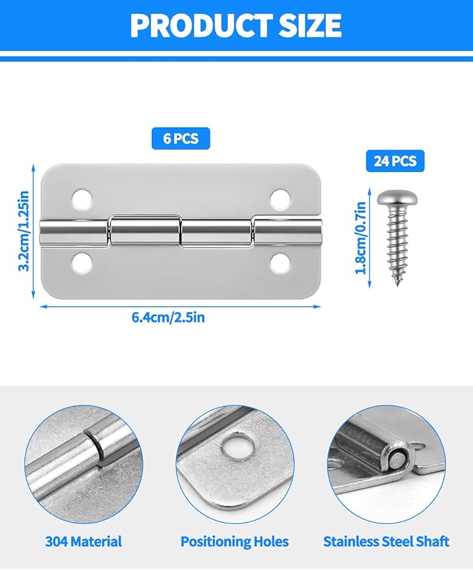6 PCS Stainless Steel Cooler Hinges Replacement for Igloo Style Ice Chests, Camping Coolers Accessories with Screws, Fits Igloo Rectangular Coolers 25-165 Qt, Replaces Part #24005