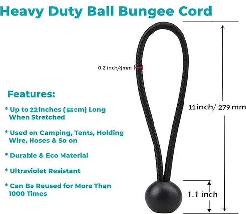 50 Pcs 11 Inches Ball Bungee Cords, Black Heavy Duty Tarp Bungee Cord with Ball, 4mm Thickness Weather Resistant Tie Down Strap, Use for Camping, Tents, Holding Wire and Hoses