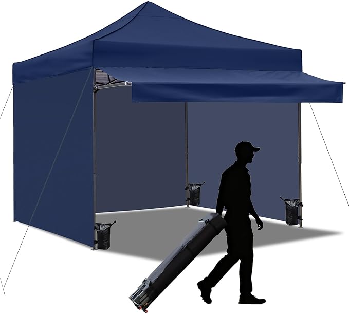 Pop up Canopy Tent with Awning Easy up Canopy with Wheel Bag Heavy Duty Waterproof Canopy Commercial Gazebo Tent for Outdoors Parties Vendors (Navy Blue)