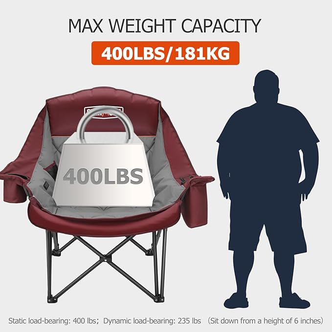 Overmont Oversized Camping Chair for Adults - 400lbs Support Heavy Duty Padded Folding Chair with Cooling Bag Cup Holder Side Pocket Carry Bag - Comfortable Portable for Outdoor Garden Sports Beach