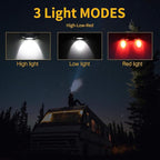 BORUIT LED Rechargeable Headlamp with Red and White Light,Super Bright Battery Powered 3 Modes Waterproof Head Lamps with Bike Clip for Hunting Fishing Camping Hiking