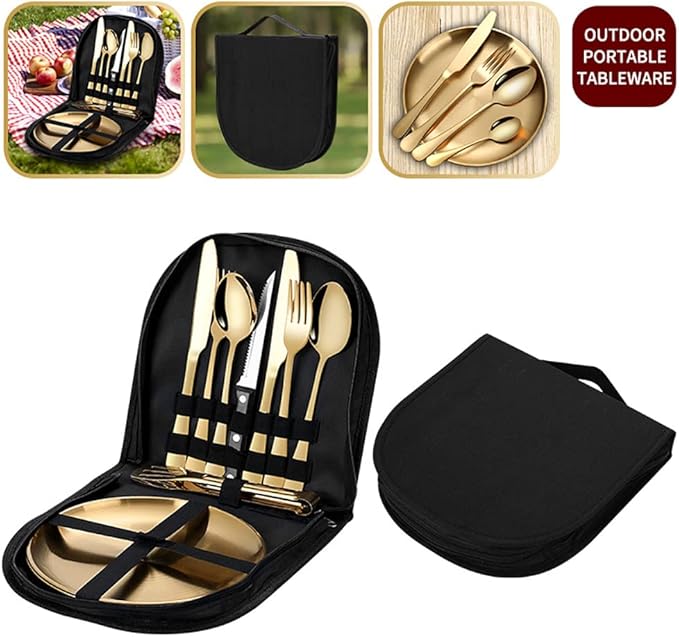 Travel Portable Rose Gold Silverware Set With Case Stainless Steel Camping Flatware Set 10 Piece Modern Cutlery Tableware Utensils Set for Picnic and Other Outdoor Activities Mirror Polished
