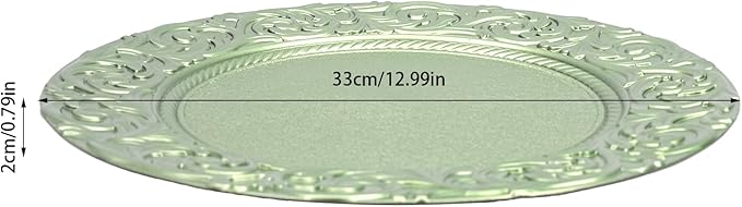 100 Pcs 13 Inch Green Charger Plates, Bulk PP Wedding Chargers with Floral Reef Design Decorative Round Ruffled Rim Dinner Plates for Wedding Party Event Table Setting Decoration
