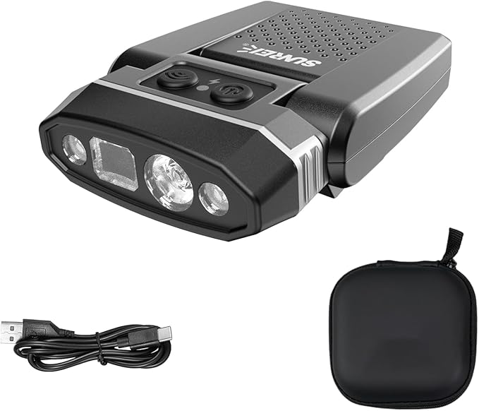 SUNREI 1800 mAh Rechargeable 300 Lumen LED Headlamp with Motion Sensor, 5 Light Modes, 120° Rotatable Clip-On Hat Light with Headband, Type-C Port, Ideal for Running, Camping, Hiking, and Work