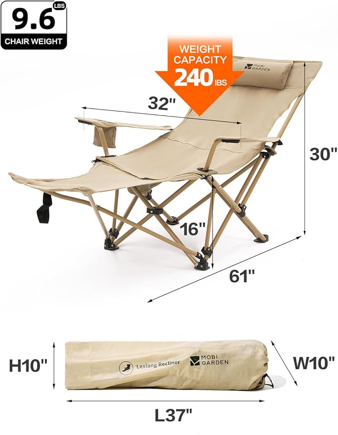 MOBI GARDEN Reclining Camping Chair with Foot Rest, 4-Position Adjustable Folding Lounge Chair for Adults, Portable & Detachable Footrest – Sand - Solid Back