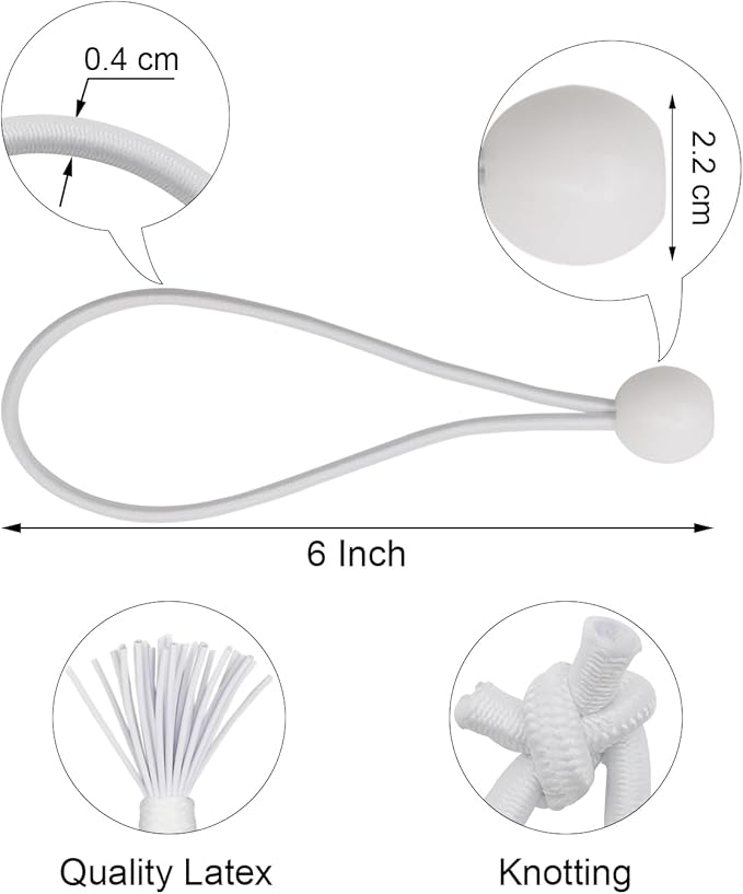 Ball Bungee Cords 100 Pcs, 6 Inch Bungee Cords with Balls, Small Bungee Cords Heavy Duty Outdoor, Bungee Balls for Tarp Tie Down Tarp Camping Tents (White)