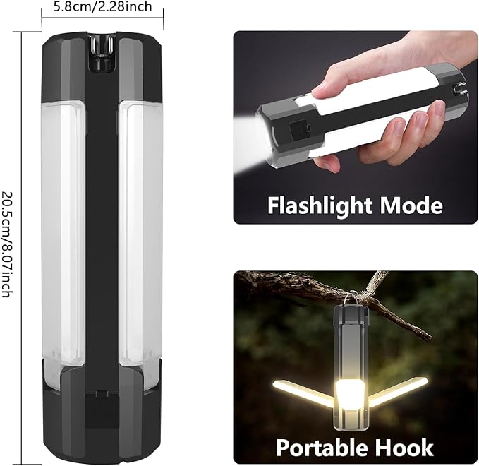 Solar Camping Light, USB Rechargeable LED Camping Lantern with 7 Light Modes, Hook, Magnetic Base, Foldable Emergency Flashlight for Tent Hiking Hurricane Home Power Outages (3600mAh, Black)