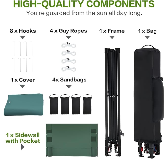 10'x10' Pop Up Canopy Tent with 1 Sidewall and 6 Pockets, One Push Setup, Instant Shade Tent with Vented Roof for Beach Patio Outdoor, Case, 8 Stakes, 4 Ropes, 4 Sandbags (Green, 10x10)