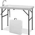 VINGLI Fold in Half Folding Fish Cleaning Table with Sink, Bi-Folding Outdoor Portable Camping Game Sink Table,Fish Fillet Cutting Table with Drainage Hose for Patio Backyard BBQ
