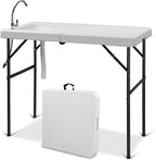 VINGLI Fold in Half Folding Fish Cleaning Table with Sink, Bi-Folding Outdoor Portable Camping Game Sink Table,Fish Fillet Cutting Table with Drainage Hose for Patio Backyard BBQ