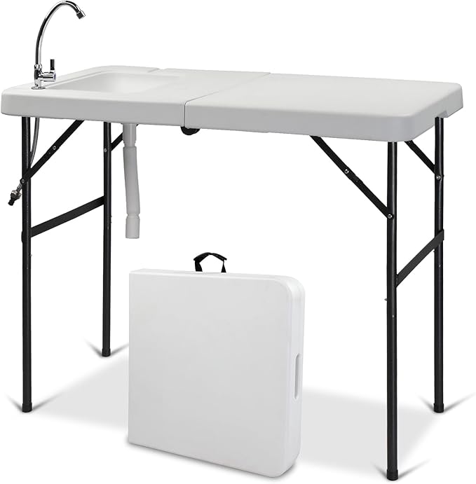 VINGLI Fold in Half Folding Fish Cleaning Table with Sink, Bi-Folding Outdoor Portable Camping Game Sink Table,Fish Fillet Cutting Table with Drainage Hose for Patio Backyard BBQ