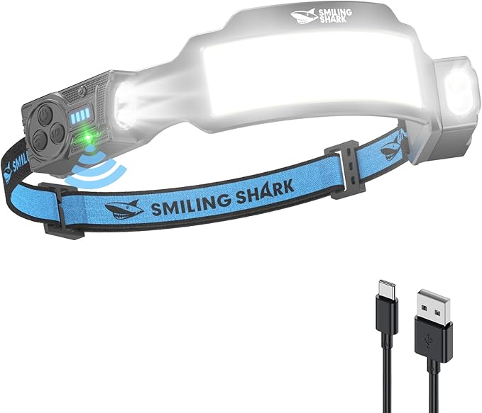 Smiling Shark TS-6 Headlamp, Dual Spotlight with 6X Floodlight & Strobe LED Head Torch Rechargeable 2400mAh Long-Lasting for Camping Hiking Running Jogging (1 Pack)