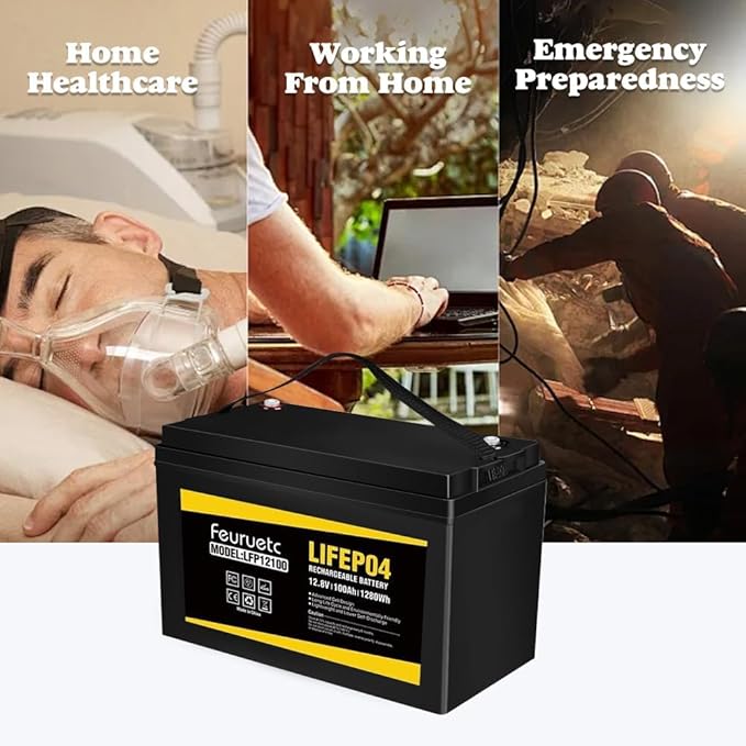 12V 100Ah LiFePO4 Battery with 100A BMS, 15000+ Deep Cycles, Solar Energy Storage, Lithium Phosphate Batteries for Home Motor, Travel Trailer, Camping, Off-Grid Power (1PC)