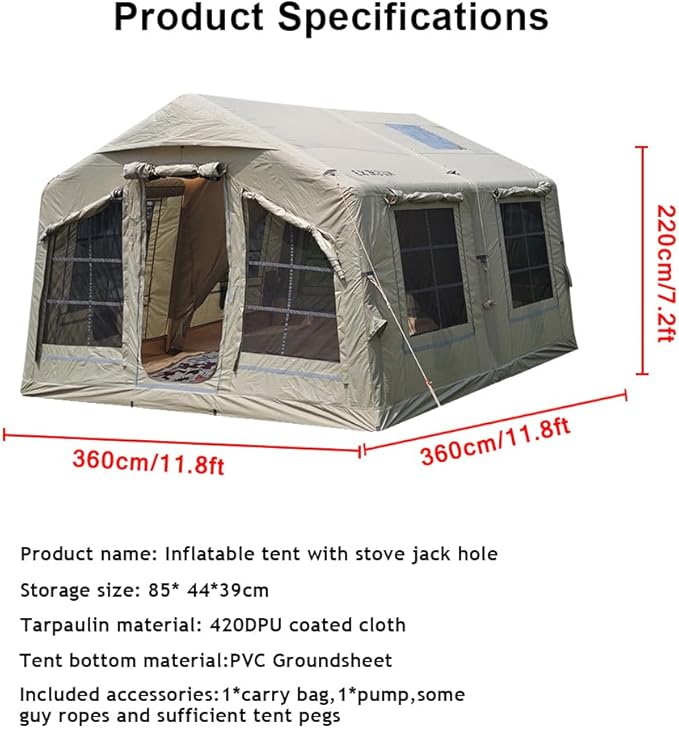 4 Season Inflatable Camping Tent with Separate Living and Sleeping Area,3000mm Waterproof Pop-Up Tent with Pump and Stove Jack Hole,4-6 Person Glamping Tent