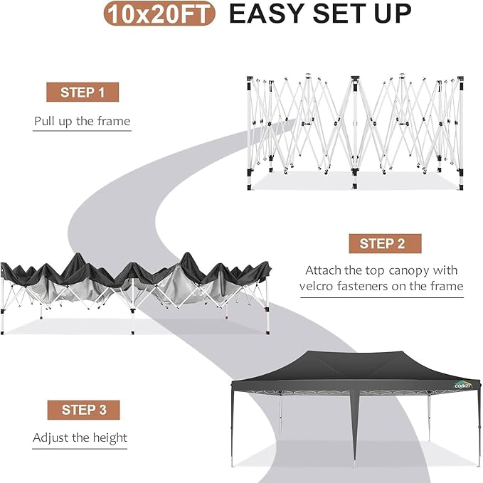 COBIZI 10x20 Pop Up Canopy Tent with Sidewalls, Outdoor Party Tent, Waterproof & UV50+, 3 Adjustable Heights, Higher Frame Design for Parties Backyard, Weddings, Markets, Black