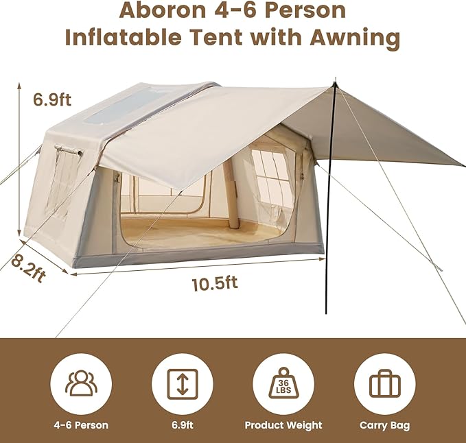 ABORON 2/6/8/10/12 Person Inflatable Camping Tent, Easy Setup Blow Up Tent with Hand Pump, PU3000mm Waterproof & Breathable 4 Season Glamping Tent for Outdoor Camping